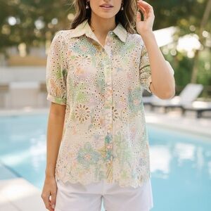 Umgee Pastel Floral Eyelet Blouse